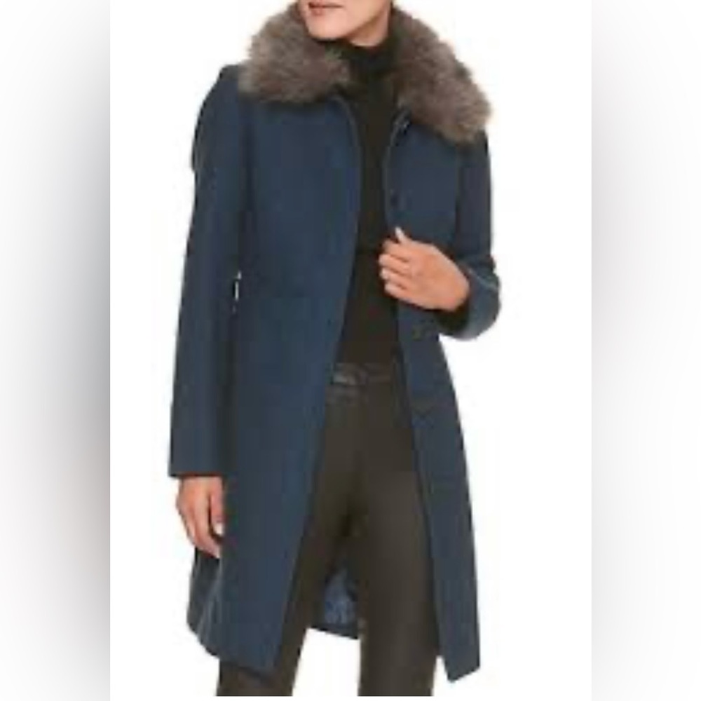 Banana Republic Navy Twill Coat with Faux Fur Collar